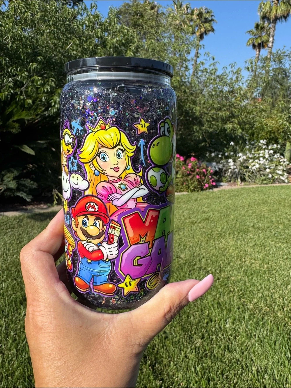 Mario Galaxy snow globe glass Tumbler 16oz